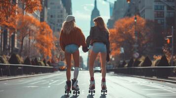AI generated two young beautiful girlfriends roller skating in the center  city photo
