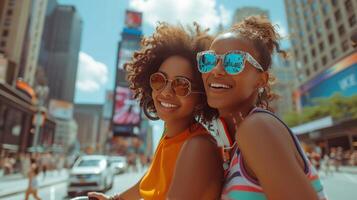 AI generated two young beautiful girlfriends roller skating in the center  city photo