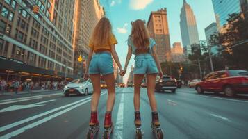 AI generated two young beautiful girlfriends roller skating in the center  city photo