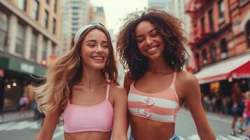 AI generated two young beautiful girlfriends roller skating in the center  city photo