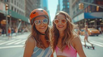 AI generated two young beautiful girlfriends roller skating in the center  city photo