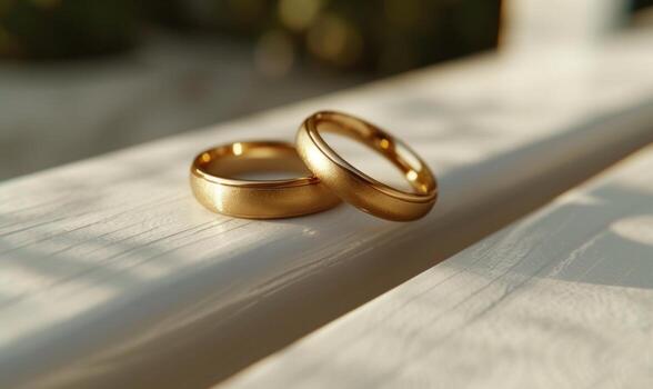 AI generated wedding rings are sitting on a white bench, rendered in unreal engine, gold photo