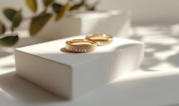 AI generated wedding rings are sitting on a white bench, rendered in unreal engine, gold photo