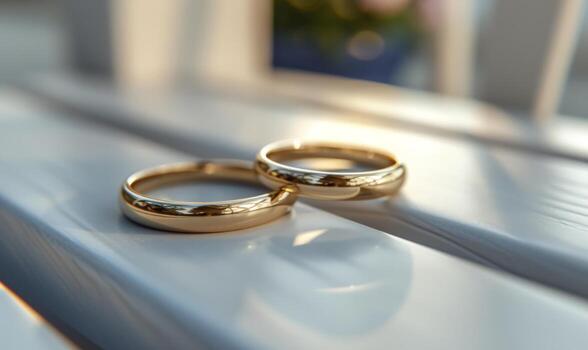 AI generated wedding rings are sitting on a white bench, rendered in unreal engine, gold photo