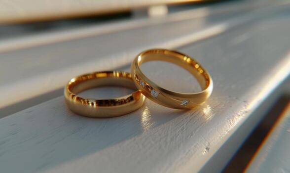 AI generated wedding rings are sitting on a white bench, rendered in unreal engine, gold photo