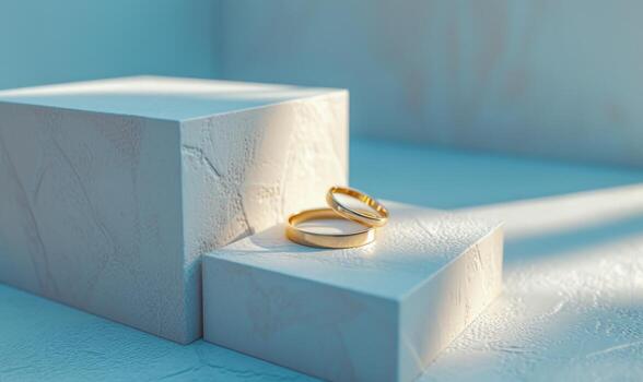 AI generated wedding rings are sitting on a white bench, rendered in unreal engine, gold photo