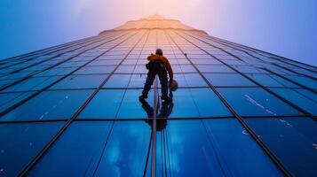 ai generado ventana limpiadores lavar ventanas en un rascacielos en ciudad foto