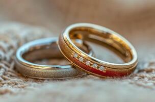 AI generated wedding rings are sitting on a white bench, rendered in unreal engine, gold photo