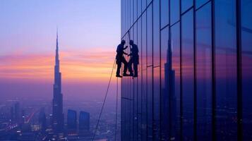 AI generated Window cleaners wash windows on a skyscraper in city photo