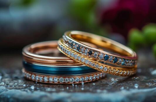 AI generated wedding rings are sitting on a white bench, rendered in unreal engine, gold photo