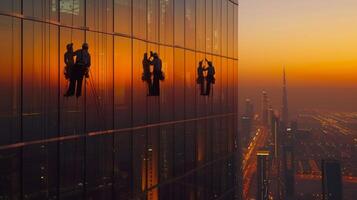 ai generado ventana limpiadores lavar ventanas en un rascacielos en ciudad foto