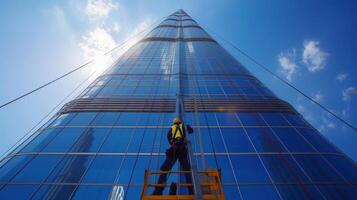 ai generado ventana limpiadores lavar ventanas en un rascacielos en ciudad foto