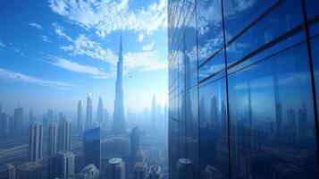 AI generated Window cleaners wash windows on a skyscraper in city photo