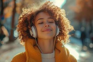 AI generated woman listening to her music while in the middle of a street photo