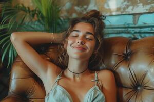 AI generated woman relaxing on cozy leather chair and smiling to herself photo