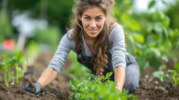 AI generated Young beautiful woman. Gardener plants carrots in a garden bed photo