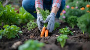 AI generated Young beautiful woman. Gardener plants carrots in a garden bed photo