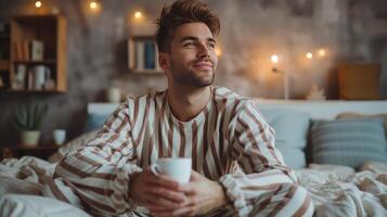 AI generated Young handsome man in striped pajamas drinks coffee while sitting on the bed photo