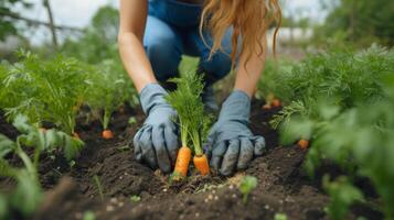 AI generated Young beautiful woman. Gardener plants carrots in a garden bed photo