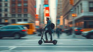 AI generated Young businessman with a briefcase rides a scooter along the street  city photo