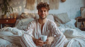 ai generado joven hermoso hombre en a rayas pijama bebidas café mientras sentado en el cama foto