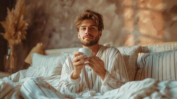 ai generado joven hermoso hombre en a rayas pijama bebidas café mientras sentado en el cama foto