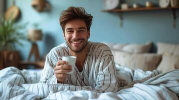 ai generado joven hermoso hombre en a rayas pijama bebidas café mientras sentado en el cama foto