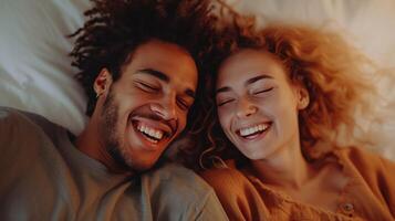 AI generated Young couple lying in bed and laughing photo