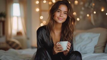 AI generated Young pretty woman in black silk pajamas drinks coffee while sitting on the bed photo