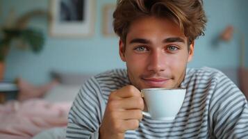 AI generated Young handsome man in striped pajamas drinks coffee while sitting on the bed photo