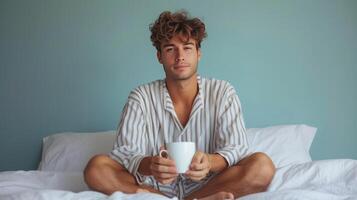 ai generado joven hermoso hombre en a rayas pijama bebidas café mientras sentado en el cama foto