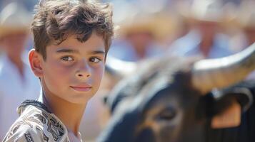 ai generado joven hermoso tododor realiza a un corrida foto