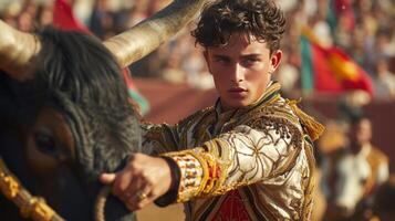 ai generado joven hermoso tododor realiza a un corrida foto