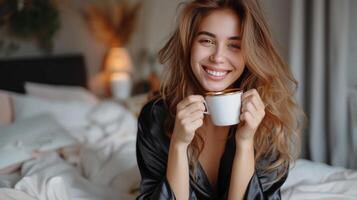 AI generated Young pretty woman in black silk pajamas drinks coffee while sitting on the bed photo