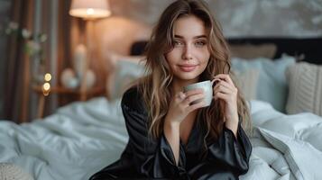 AI generated Young pretty woman in black silk pajamas drinks coffee while sitting on the bed photo