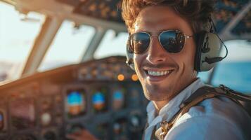 AI generated Young smiling pilot in sunglasses sitting at the helm of an airplane photo