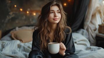 AI generated Young pretty woman in black silk pajamas drinks coffee while sitting on the bed photo