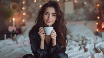 AI generated Young pretty woman in black silk pajamas drinks coffee while sitting on the bed photo