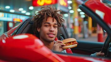 AI generated young man in a red sports car eating a hot dog at a gas station photo