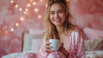AI generated Young pretty woman in pink silk pajamas with polka dots drinks coffee while sitting on the bed photo