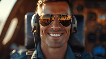 AI generated Young smiling pilot in sunglasses sitting at the helm of an airplane photo