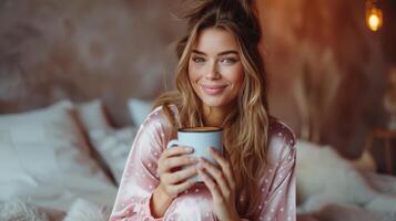 AI generated Young pretty woman in pink silk pajamas with polka dots drinks coffee while sitting on the bed photo