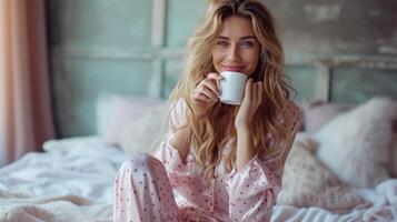 AI generated Young pretty woman in pink silk pajamas with polka dots drinks coffee while sitting on the bed photo