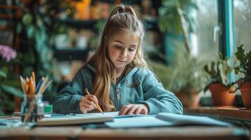 AI generated A 12-year-old girl sits at the table and does her homework photo