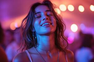 AI generated young woman dancing on a night at a club photo