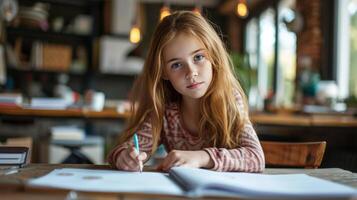 AI generated A 12-year-old girl sits at the table and does her homework photo