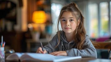 ai generado un 12 años de edad niña se sienta a el mesa y lo hace su deberes foto