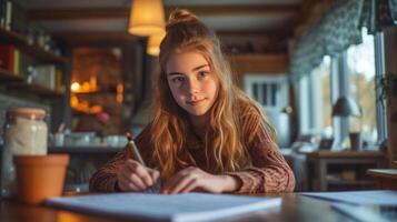 AI generated A 12-year-old girl sits at the table and does her homework photo