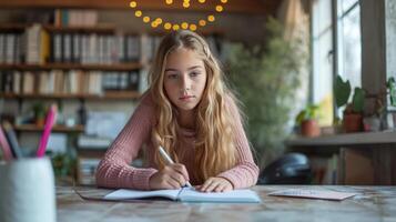 AI generated A 12-year-old girl sits at the table and does her homework photo