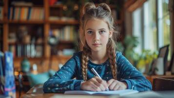 ai generado un 12 años de edad niña se sienta a el mesa y lo hace su deberes foto